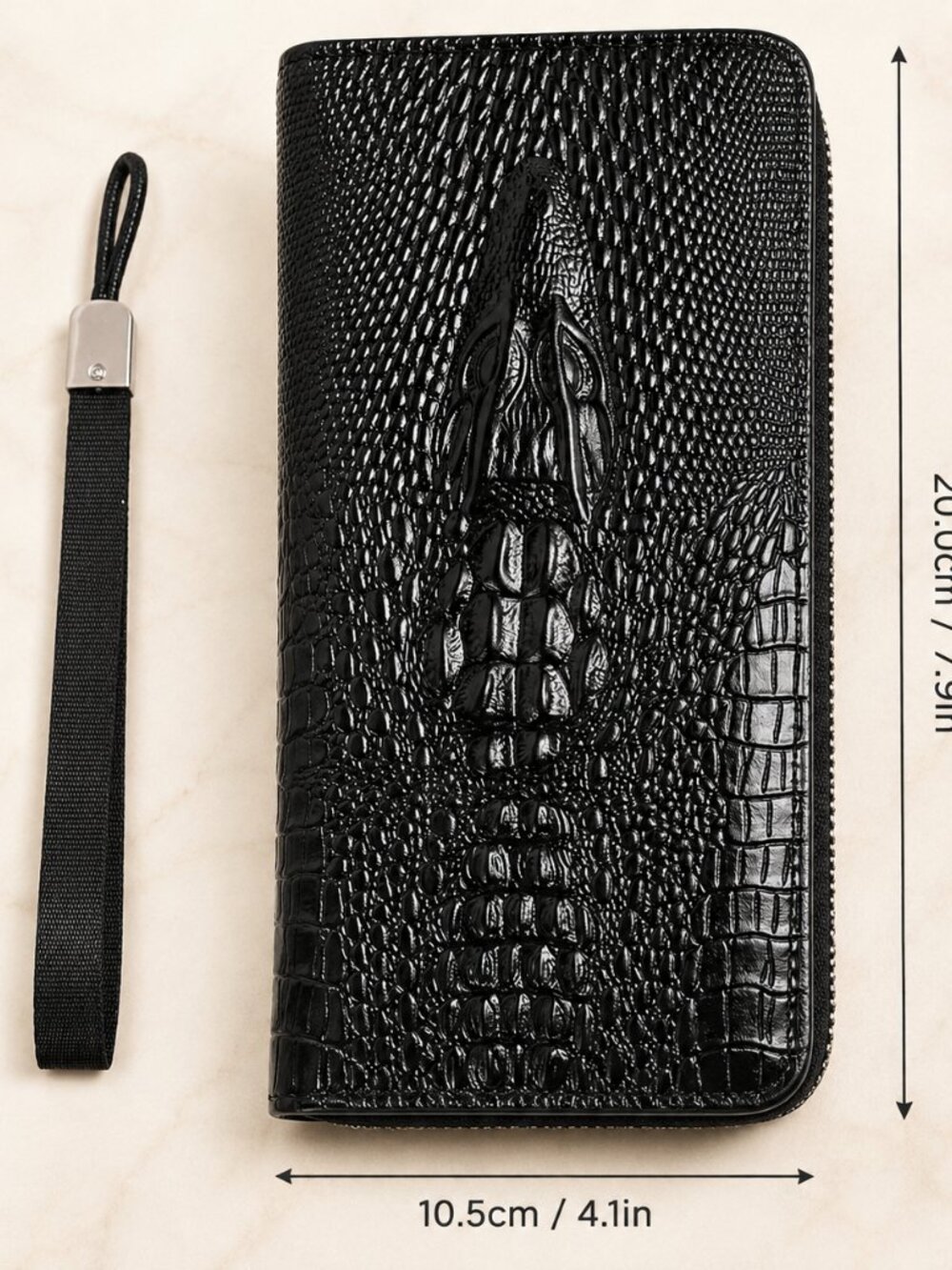 Alligator Crocodile Zip Around Wallet Clutch Wristlet Black Vegan Leather - Picture 7 of 8